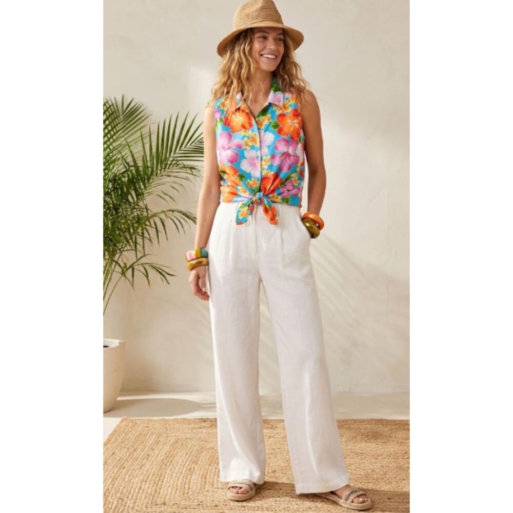 Jones New York Floral Tropical‎ Linen Sleeveless Button Down Top Size 14